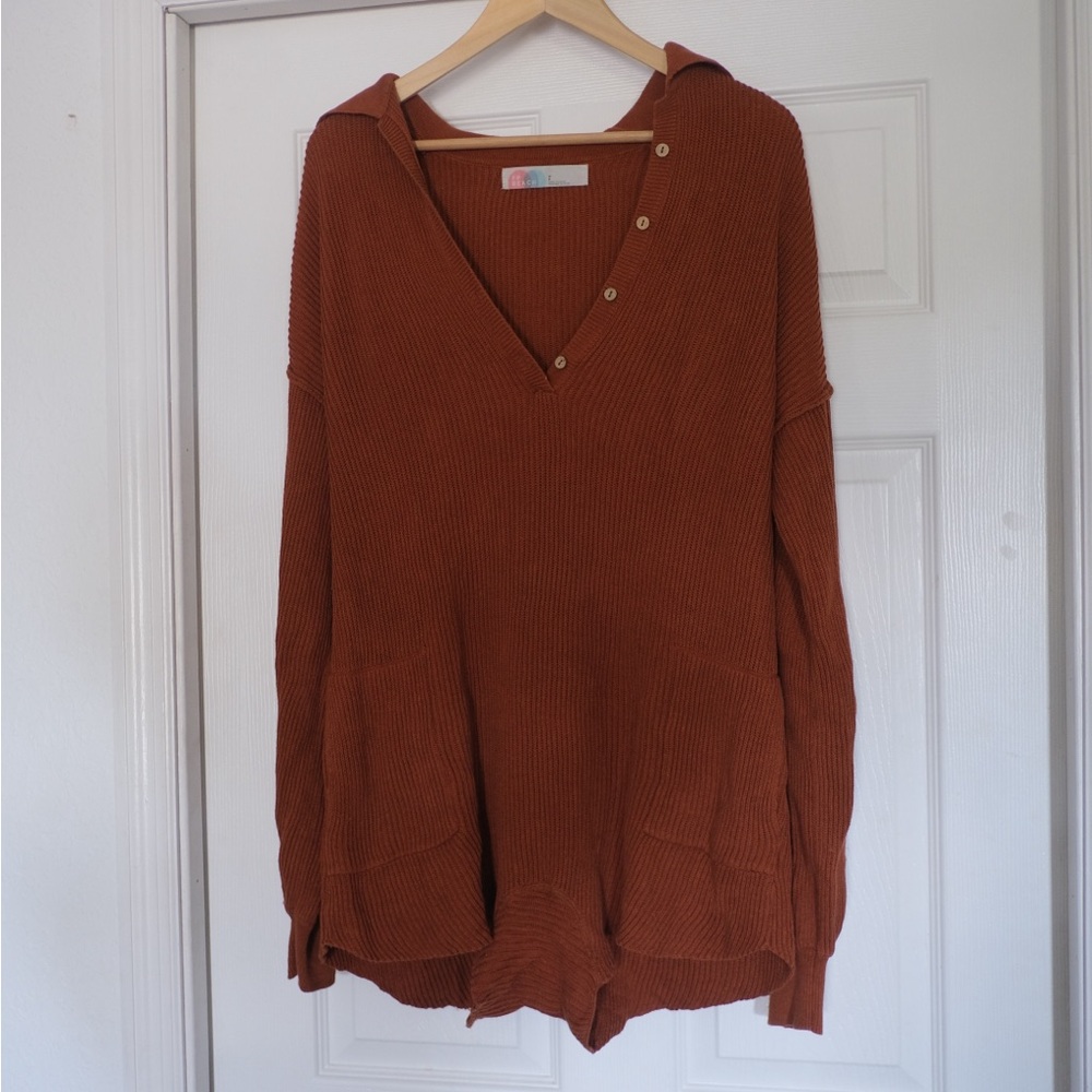 Free People Rust Orange Knit Sweater romper with Pockets